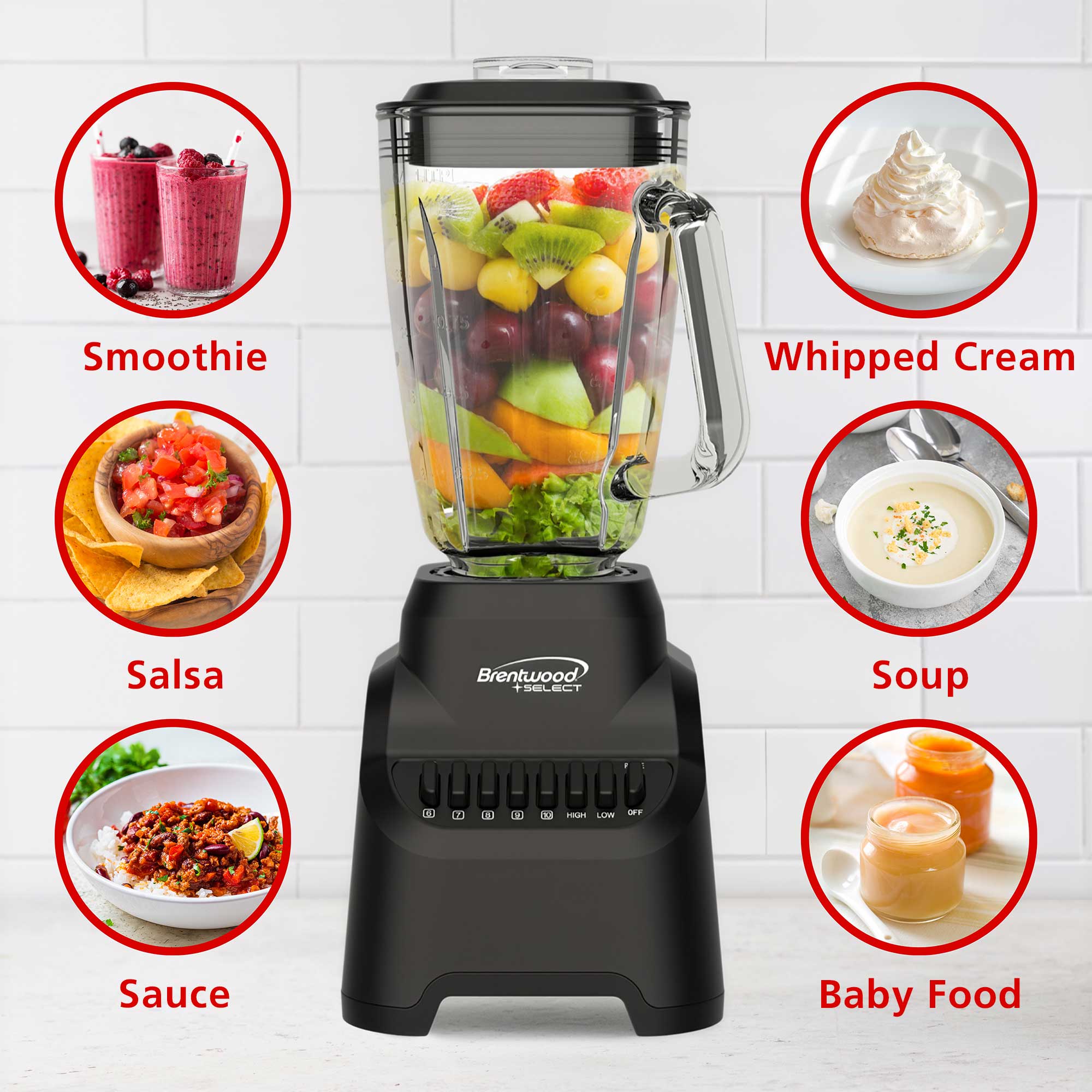 Brentwood Select JBS-500BK 10-Speed Countertop Blender with Pulse Button, 5.3-Cup Glass Jar, Stainless Steel Blades, Non-Slip Base, Dishwasher-Safe Parts, Black