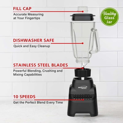 Brentwood Select JBS-500BK 10-Speed Countertop Blender with Pulse Button, 5.3-Cup Glass Jar, Stainless Steel Blades, Non-Slip Base, Dishwasher-Safe Parts, Black