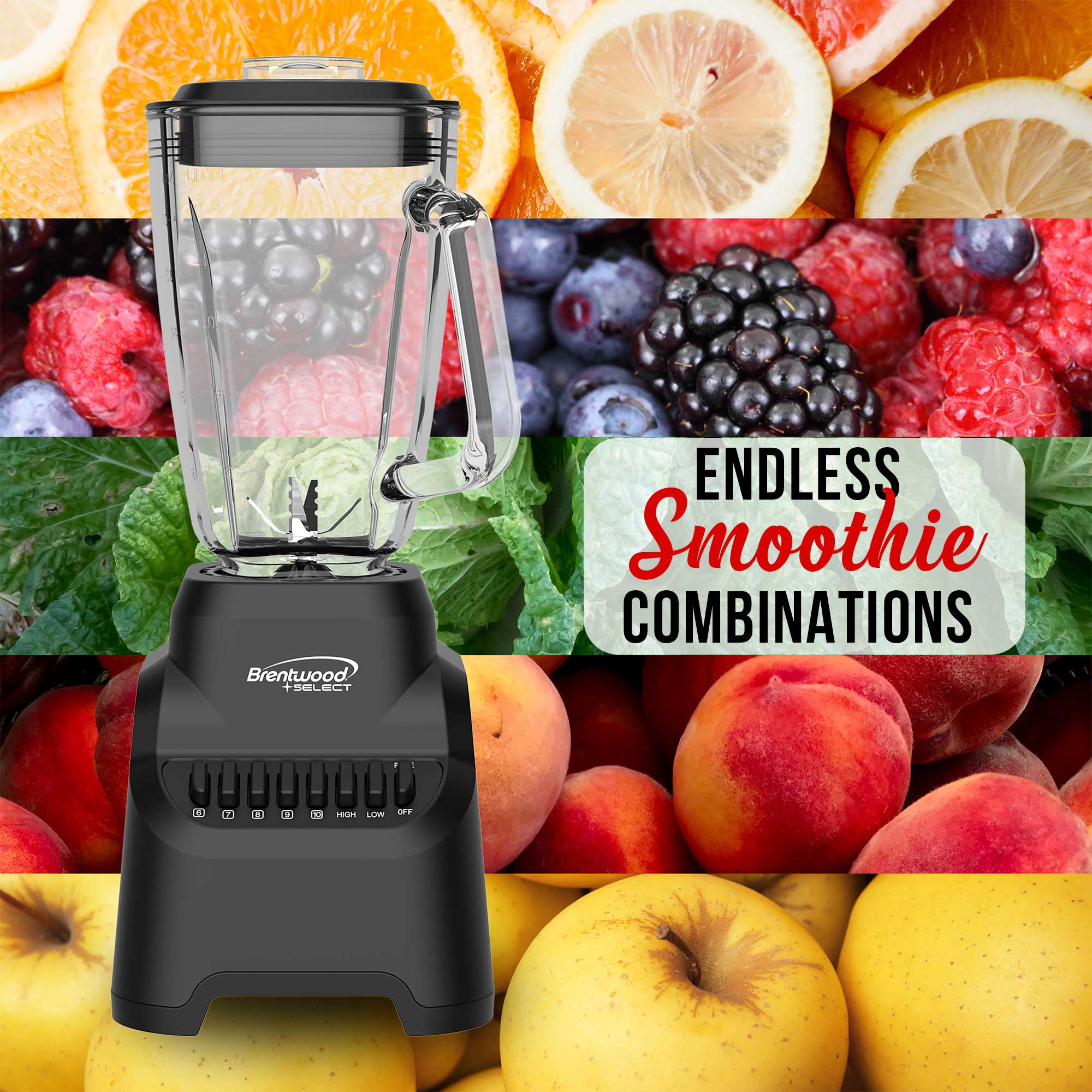 Brentwood Select JBS-500BK 10-Speed Countertop Blender with Pulse Button, 5.3-Cup Glass Jar, Stainless Steel Blades, Non-Slip Base, Dishwasher-Safe Parts, Black