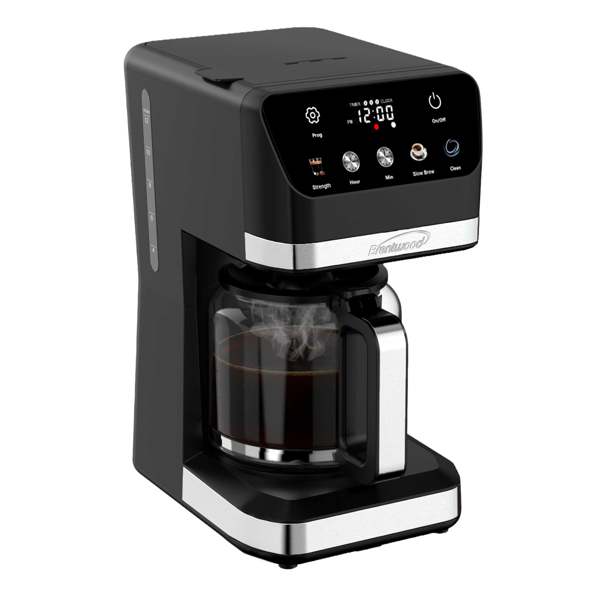 Brentwood TS-224DBK 12-Cup Digital Drip Coffee Maker, Touch Display, Brew Strength Selector, Slow Brew, Programmable, Pause & Serve, Glass Carafe, Hot Plate, Black