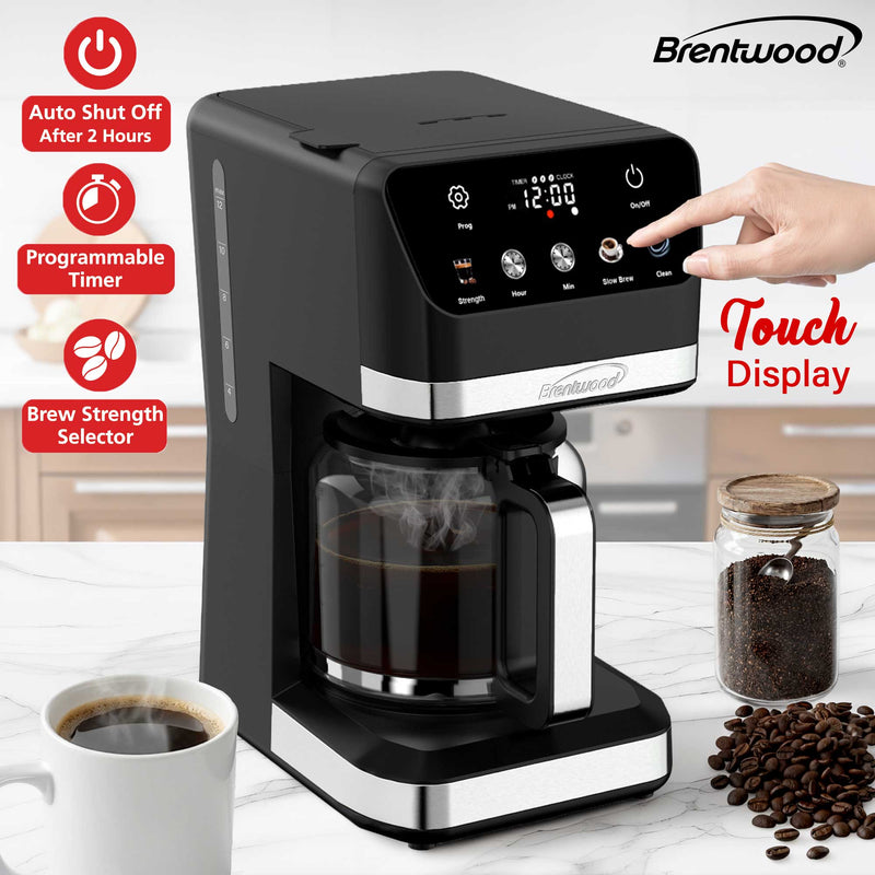 Brentwood TS-224DBK 12-Cup Digital Drip Coffee Maker, Touch Display, Brew Strength Selector, Slow Brew, Programmable, Pause & Serve, Glass Carafe, Hot Plate, Black