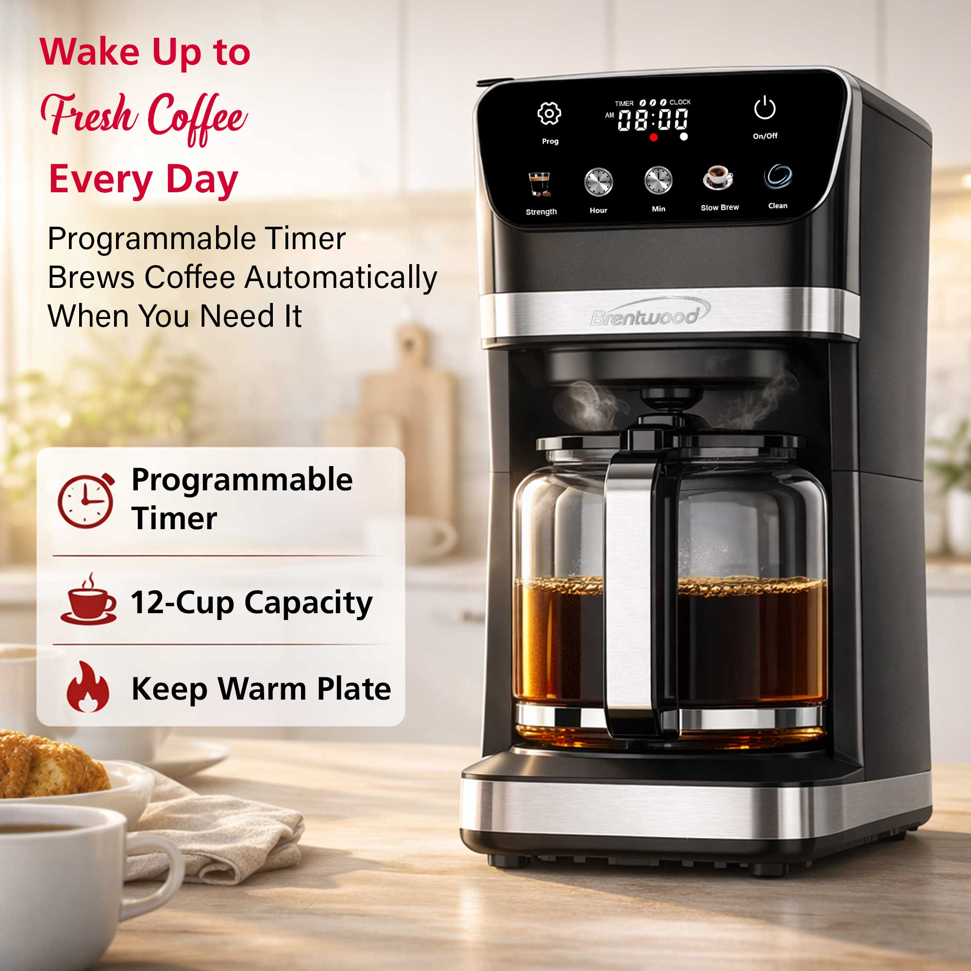 Brentwood TS-224DBK 12-Cup Digital Drip Coffee Maker, Touch Display, Brew Strength Selector, Slow Brew, Programmable, Pause & Serve, Glass Carafe, Hot Plate, Black