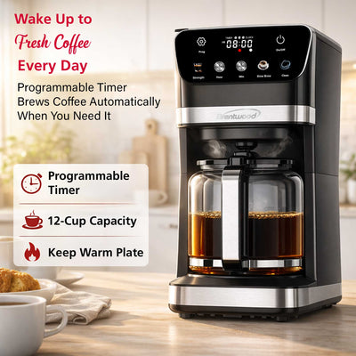 Brentwood TS-224DBK 12-Cup Digital Drip Coffee Maker, Touch Display, Brew Strength Selector, Slow Brew, Programmable, Pause & Serve, Glass Carafe, Hot Plate, Black