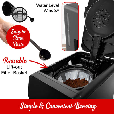 Brentwood TS-224DBK 12-Cup Digital Drip Coffee Maker, Touch Display, Brew Strength Selector, Slow Brew, Programmable, Pause & Serve, Glass Carafe, Hot Plate, Black