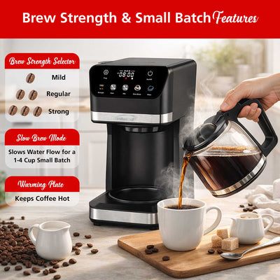 Brentwood TS-224DBK 12-Cup Digital Drip Coffee Maker, Touch Display, Brew Strength Selector, Slow Brew, Programmable, Pause & Serve, Glass Carafe, Hot Plate, Black