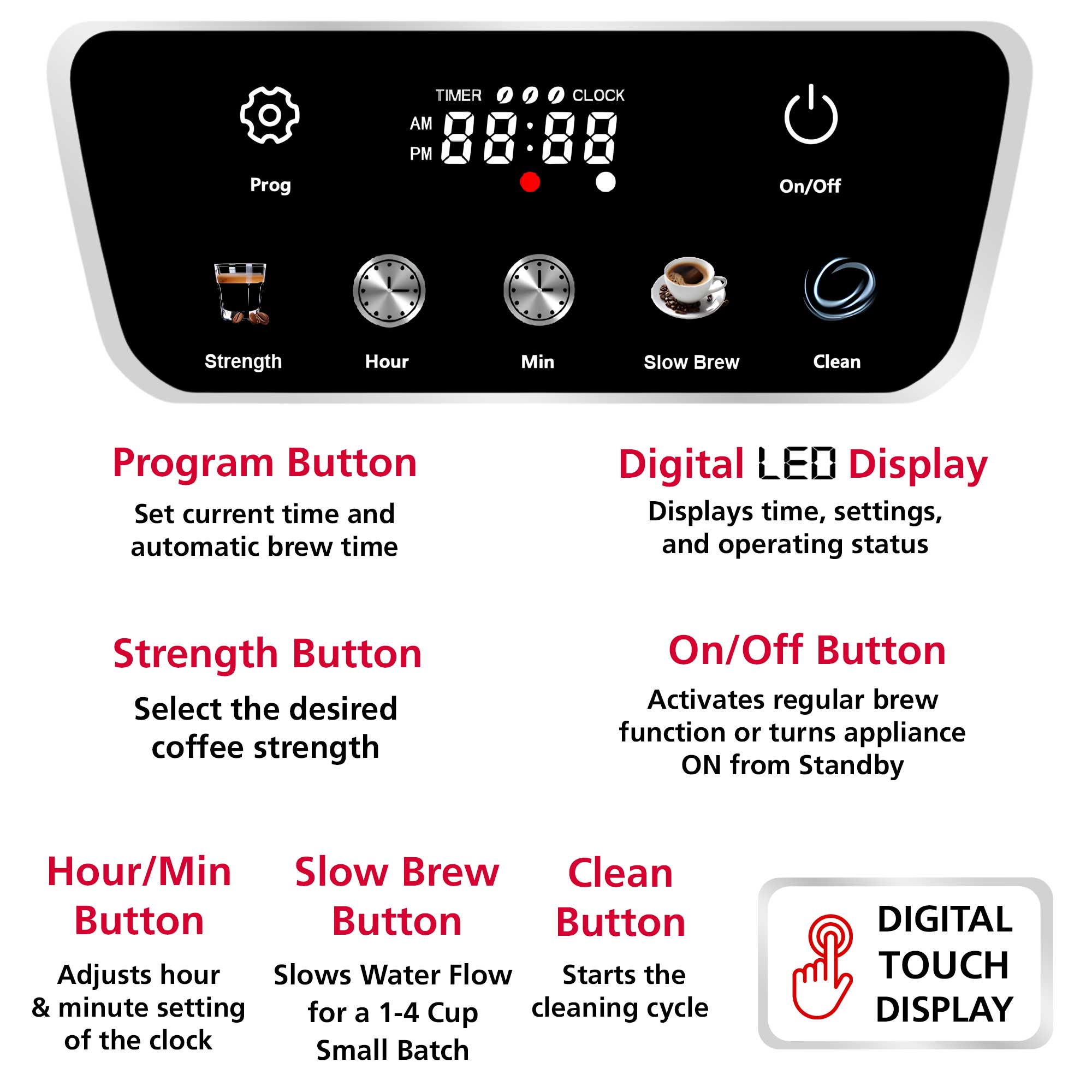 Brentwood TS-224DBK 12-Cup Digital Drip Coffee Maker, Touch Display, Brew Strength Selector, Slow Brew, Programmable, Pause & Serve, Glass Carafe, Hot Plate, Black