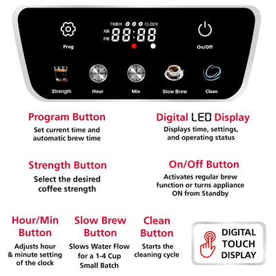 Brentwood TS-224DBK 12-Cup Digital Drip Coffee Maker, Touch Display, Brew Strength Selector, Slow Brew, Programmable, Pause & Serve, Glass Carafe, Hot Plate, Black