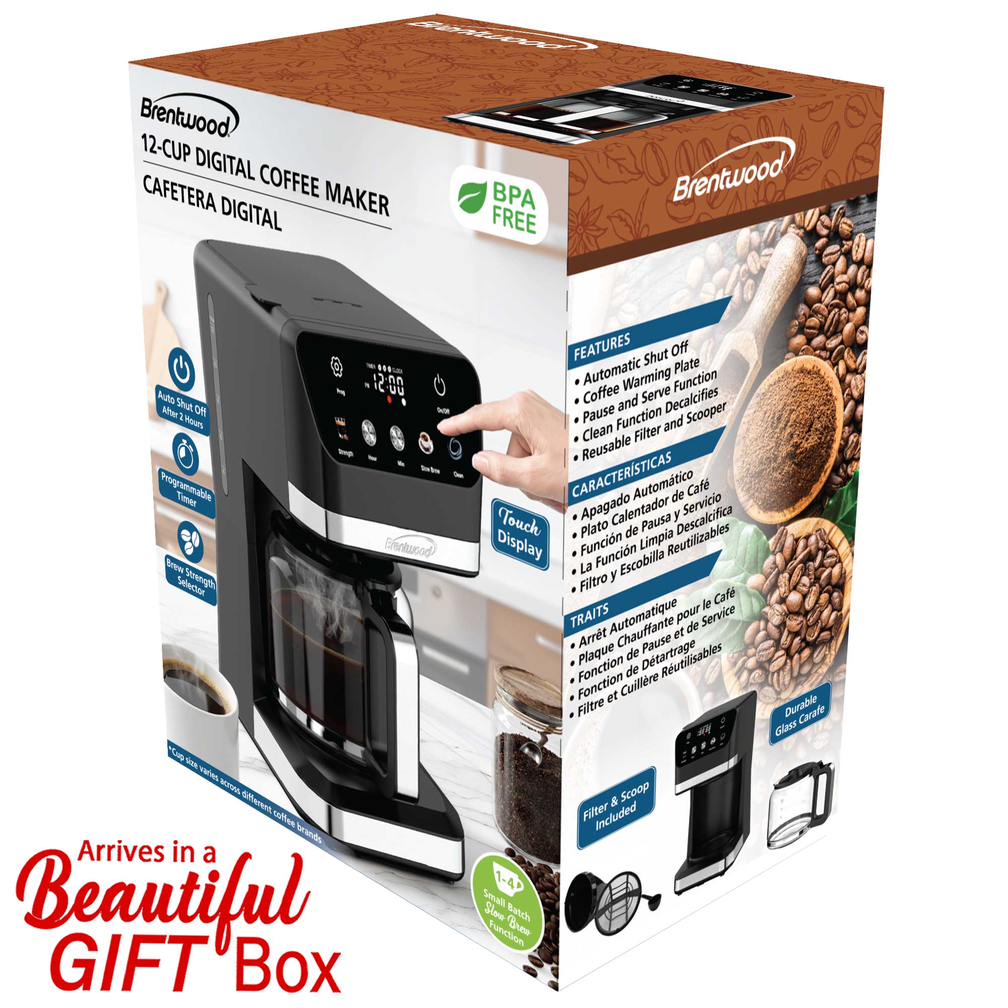Brentwood TS-224DBK 12-Cup Digital Drip Coffee Maker, Touch Display, Brew Strength Selector, Slow Brew, Programmable, Pause & Serve, Glass Carafe, Hot Plate, Black