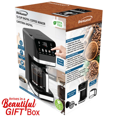 Brentwood TS-224DBK 12-Cup Digital Drip Coffee Maker, Touch Display, Brew Strength Selector, Slow Brew, Programmable, Pause & Serve, Glass Carafe, Hot Plate, Black