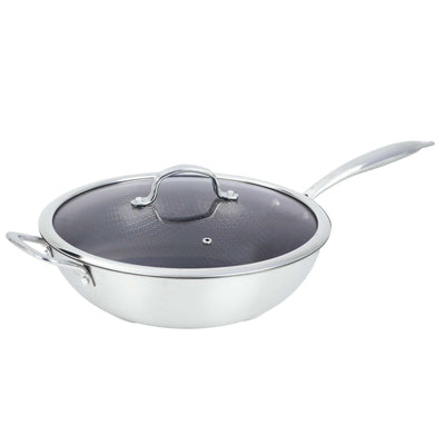 Brentwood B-WH30L 12-inch 4.2 Quarts 3-Ply Hybrid Non-Stick Stainless Steel Induction Ready Wok with Glass Lid