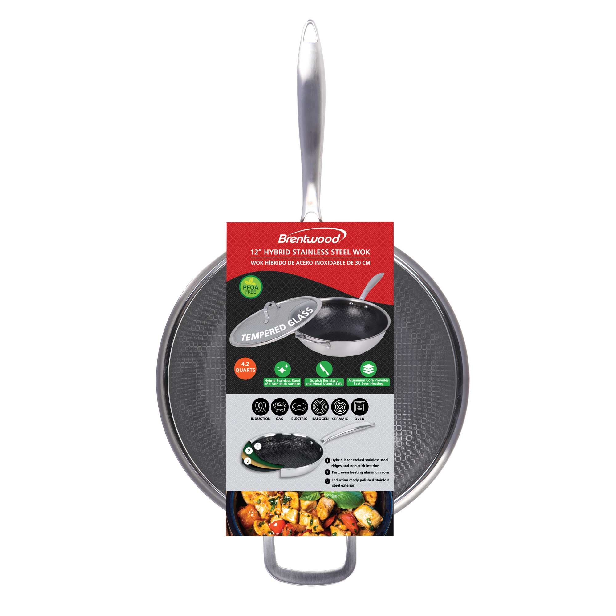 Brentwood B-WH30L 12-inch 4.2 Quarts 3-Ply Hybrid Non-Stick Stainless Steel Induction Ready Wok with Glass Lid