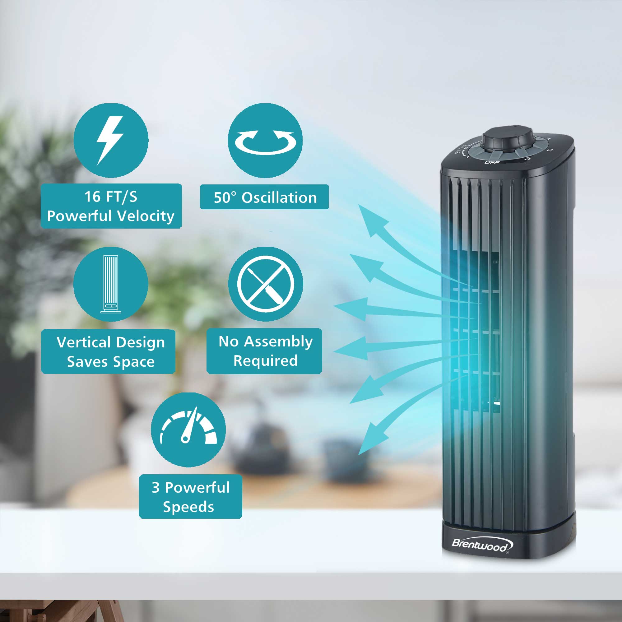 Brentwood F-14TBK 14-Inch Portable Tower Fan with 3-Speeds, 16ft/s Velocity, 50° Oscillation, and Carry Handle, Black