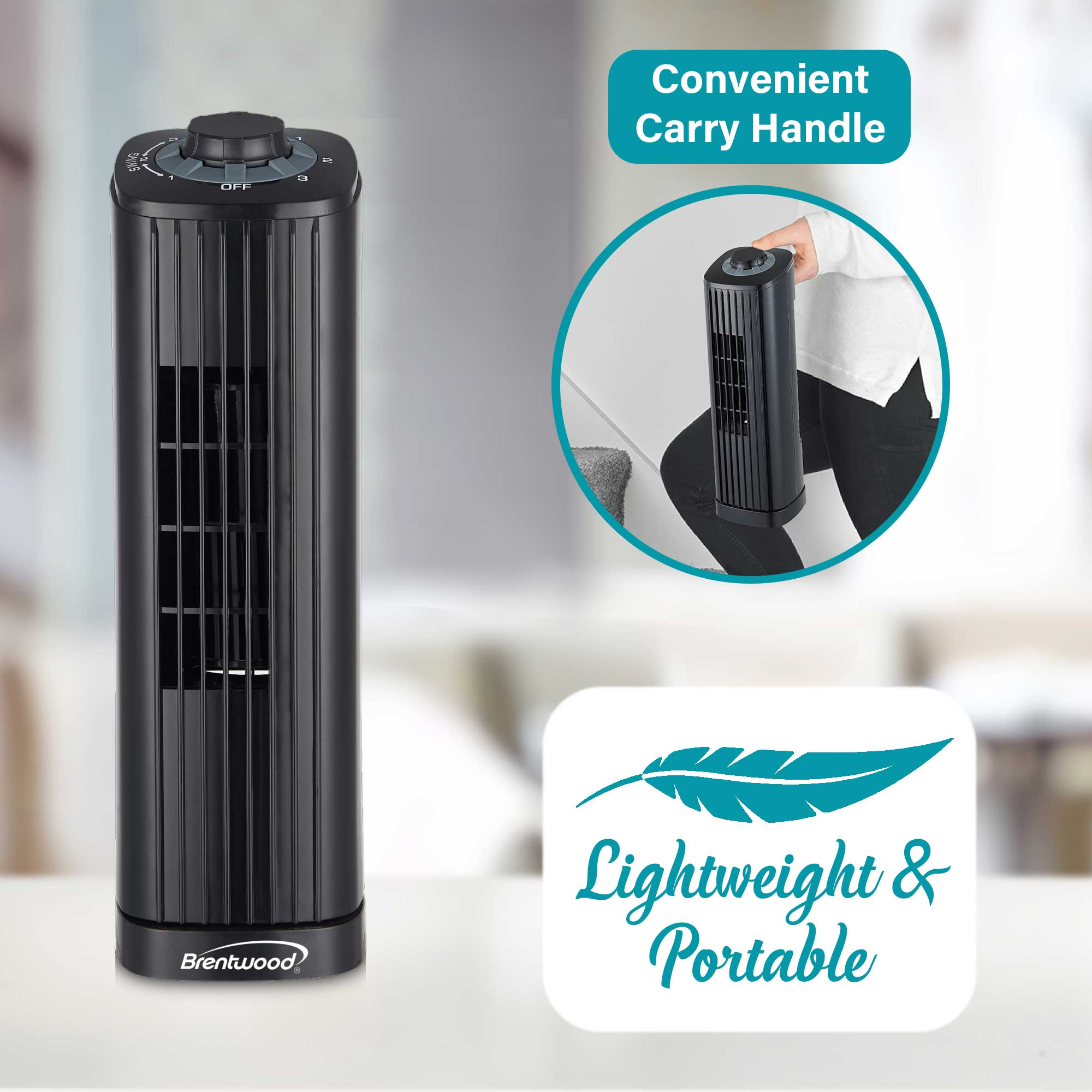 Brentwood F-14TBK 14-Inch Portable Tower Fan with 3-Speeds, 16ft/s Velocity, 50° Oscillation, and Carry Handle, Black