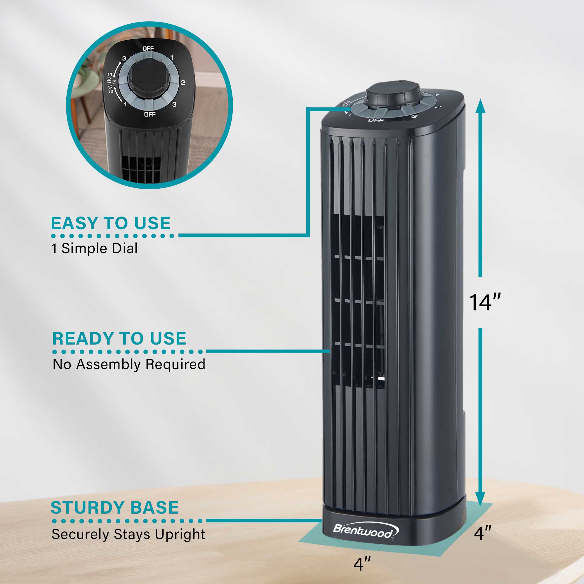 Brentwood F-14TBK 14-Inch Portable Tower Fan with 3-Speeds, 16ft/s Velocity, 50° Oscillation, and Carry Handle, Black