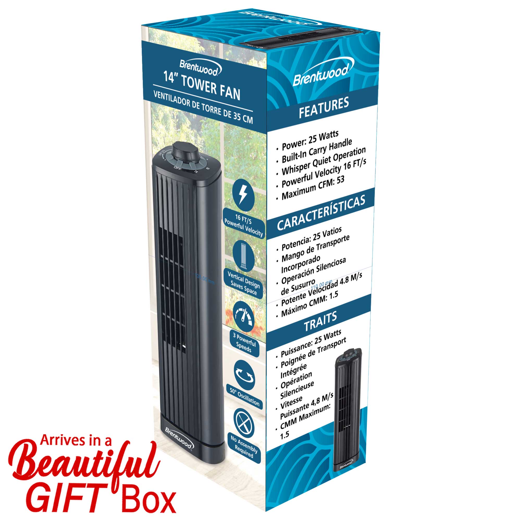 Brentwood F-14TBK 14-Inch Portable Tower Fan with 3-Speeds, 16ft/s Velocity, 50° Oscillation, and Carry Handle, Black