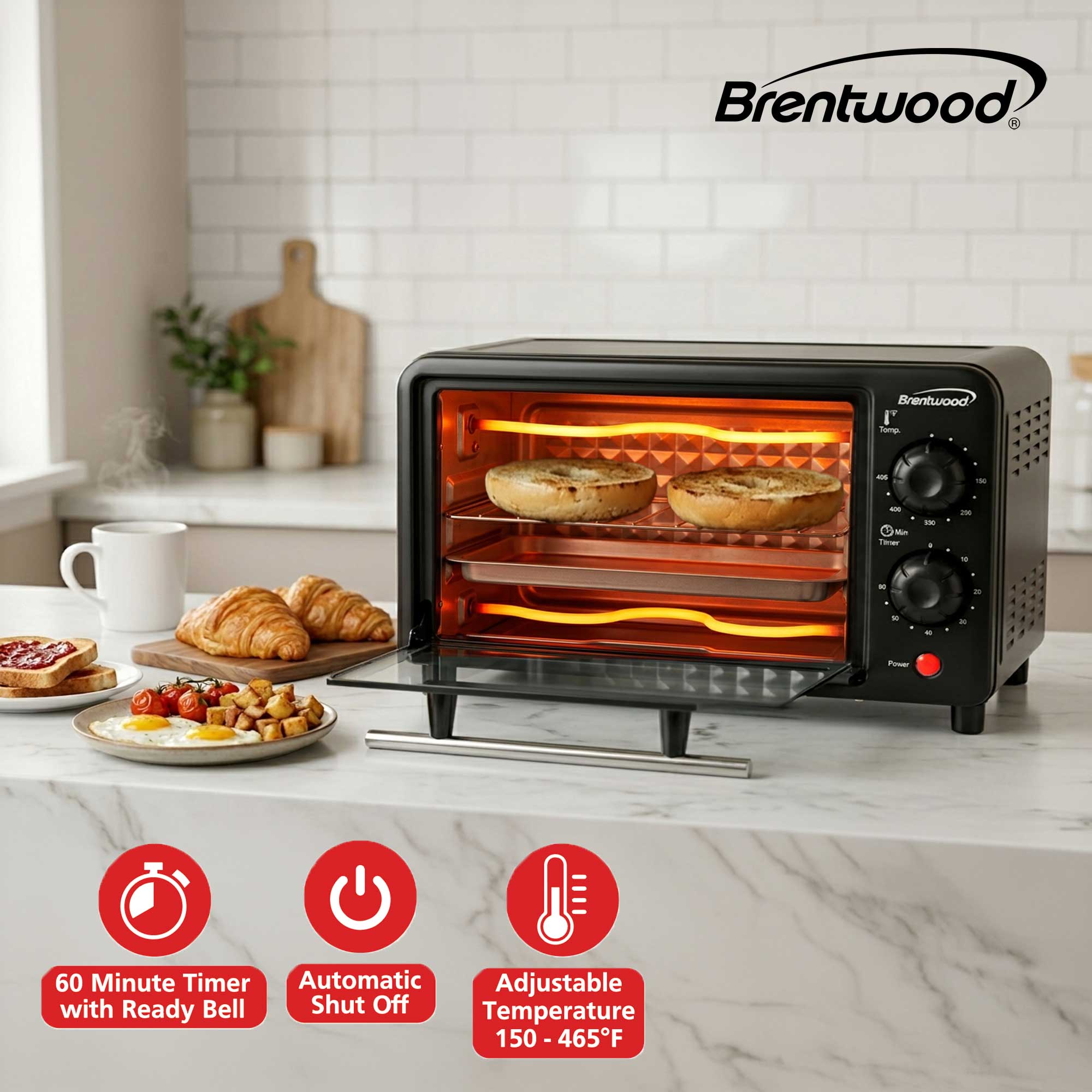 Brentwood TS-3437BK 2 Slice Countertop Toaster Oven with 60 Minute Timer, Auto Shut Off, Adjustable Temperature, Toast, Bake, and Keep Warm, Black