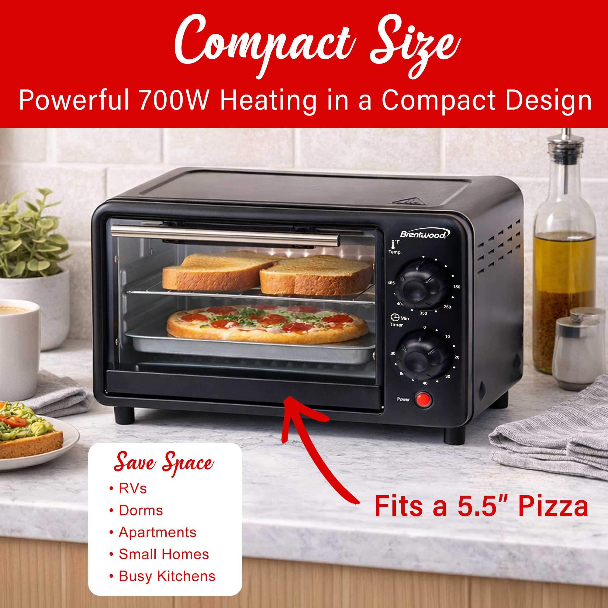 Brentwood TS-3437BK 2 Slice Countertop Toaster Oven with 60 Minute Timer, Auto Shut Off, Adjustable Temperature, Toast, Bake, and Keep Warm, Black