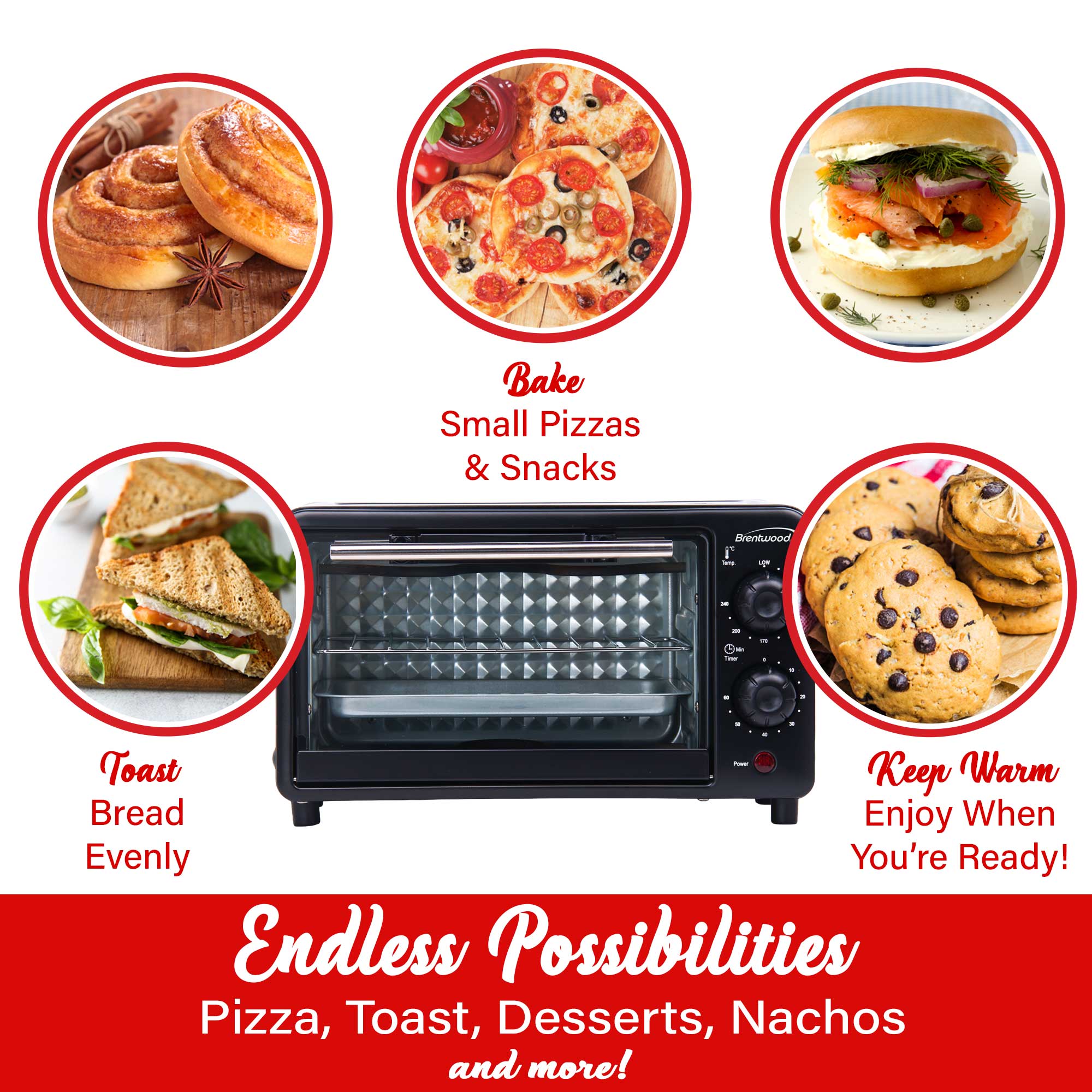 Brentwood TS-3437BK 2 Slice Countertop Toaster Oven with 60 Minute Timer, Auto Shut Off, Adjustable Temperature, Toast, Bake, and Keep Warm, Black
