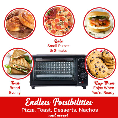 Brentwood TS-3437BK 2 Slice Countertop Toaster Oven with 60 Minute Timer, Auto Shut Off, Adjustable Temperature, Toast, Bake, and Keep Warm, Black