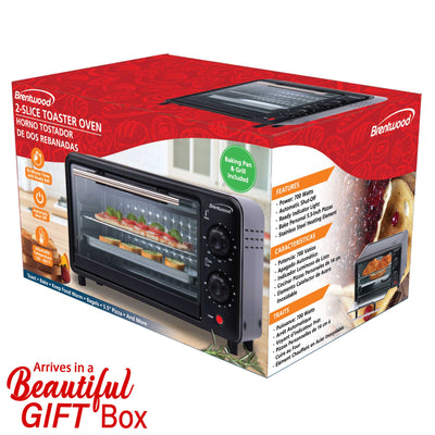 Brentwood TS-3437BK 2 Slice Countertop Toaster Oven with 60 Minute Timer, Auto Shut Off, Adjustable Temperature, Toast, Bake, and Keep Warm, Black