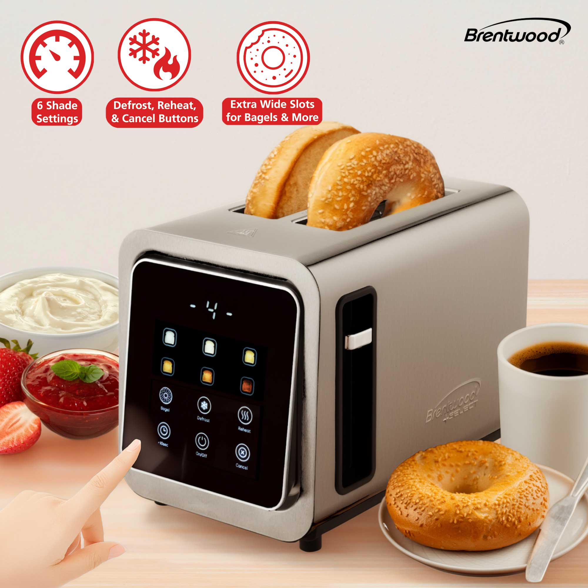 Brentwood TS-228DS Touch Screen 2-Slice Digital Toaster with Extra Wide Slots, 6 Shade Settings, Bagel, Cancel, Defrost, and Reheat Functions, Stainless Steel