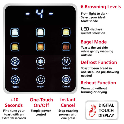 Brentwood TS-228DS Touch Screen 2-Slice Digital Toaster with Extra Wide Slots, 6 Shade Settings, Bagel, Cancel, Defrost, and Reheat Functions, Stainless Steel
