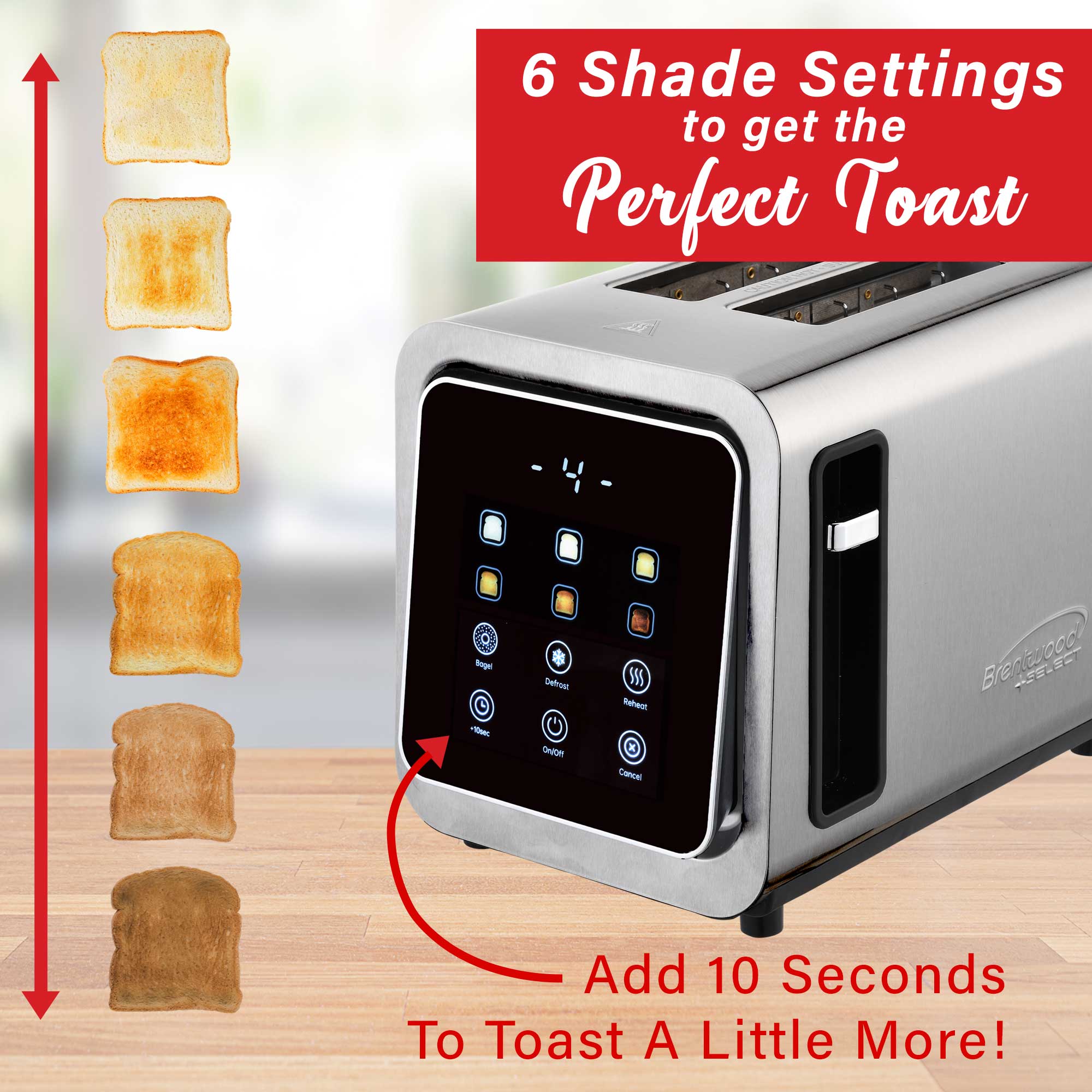 Brentwood TS-228DS Touch Screen 2-Slice Digital Toaster with Extra Wide Slots, 6 Shade Settings, Bagel, Cancel, Defrost, and Reheat Functions, Stainless Steel