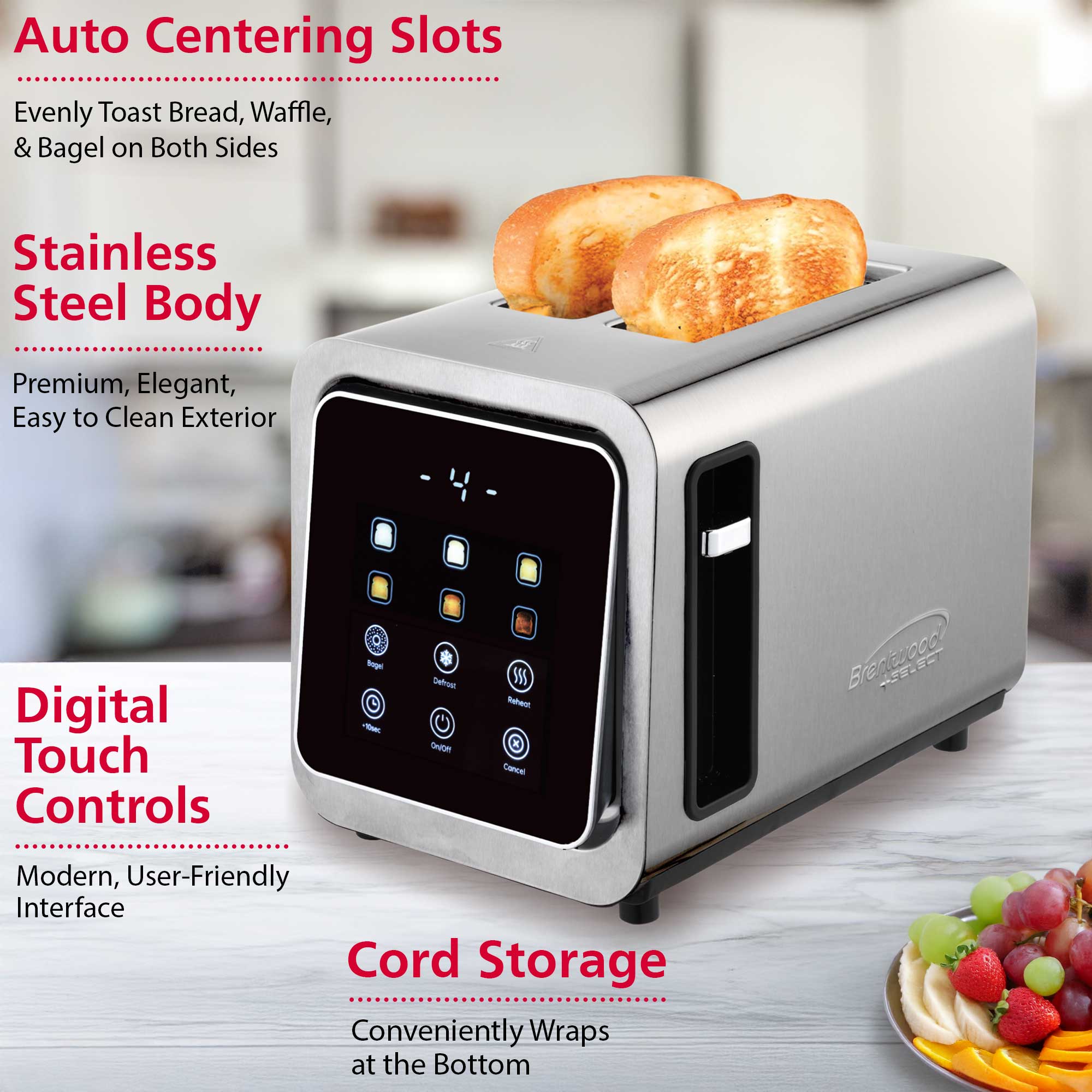Brentwood TS-228DS Touch Screen 2-Slice Digital Toaster with Extra Wide Slots, 6 Shade Settings, Bagel, Cancel, Defrost, and Reheat Functions, Stainless Steel
