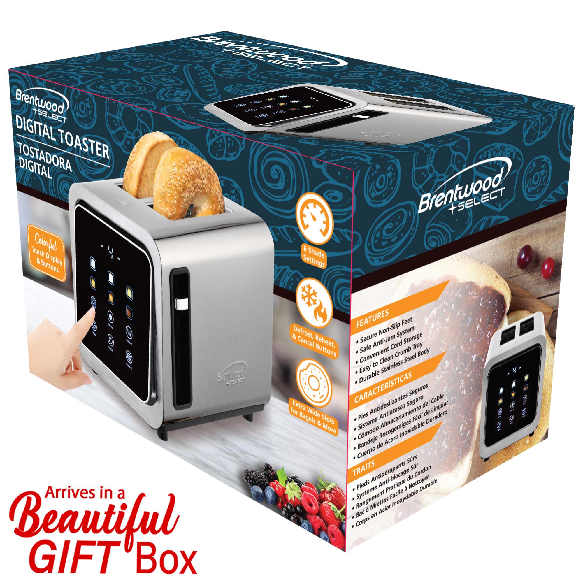 Brentwood TS-228DS Touch Screen 2-Slice Digital Toaster with Extra Wide Slots, 6 Shade Settings, Bagel, Cancel, Defrost, and Reheat Functions, Stainless Steel