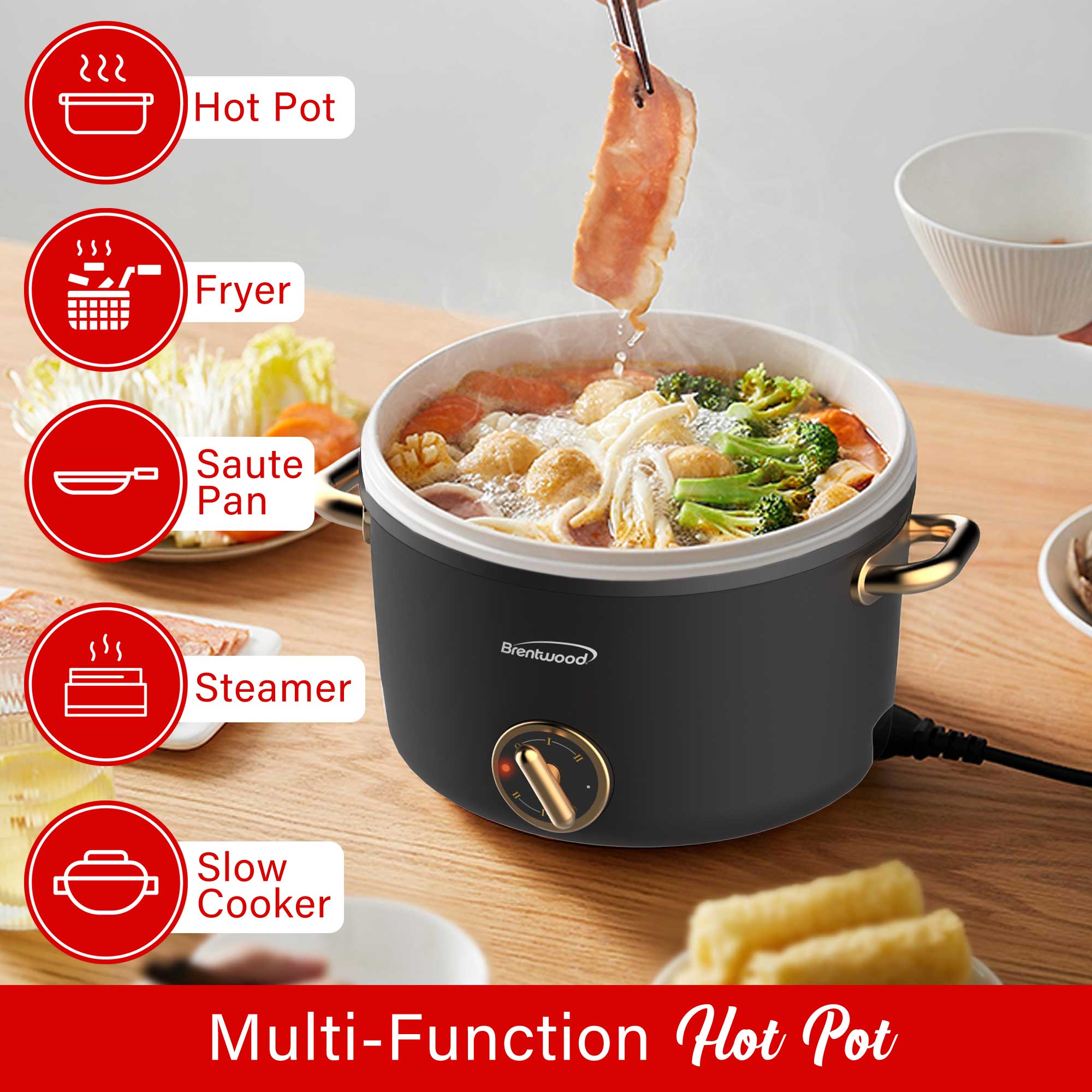 Brentwood HP-3250BK 2.5-Liter Multi-Function Electric Hot Pot Cooker with Ceramic Non-Stick Ceramic Coating, Black