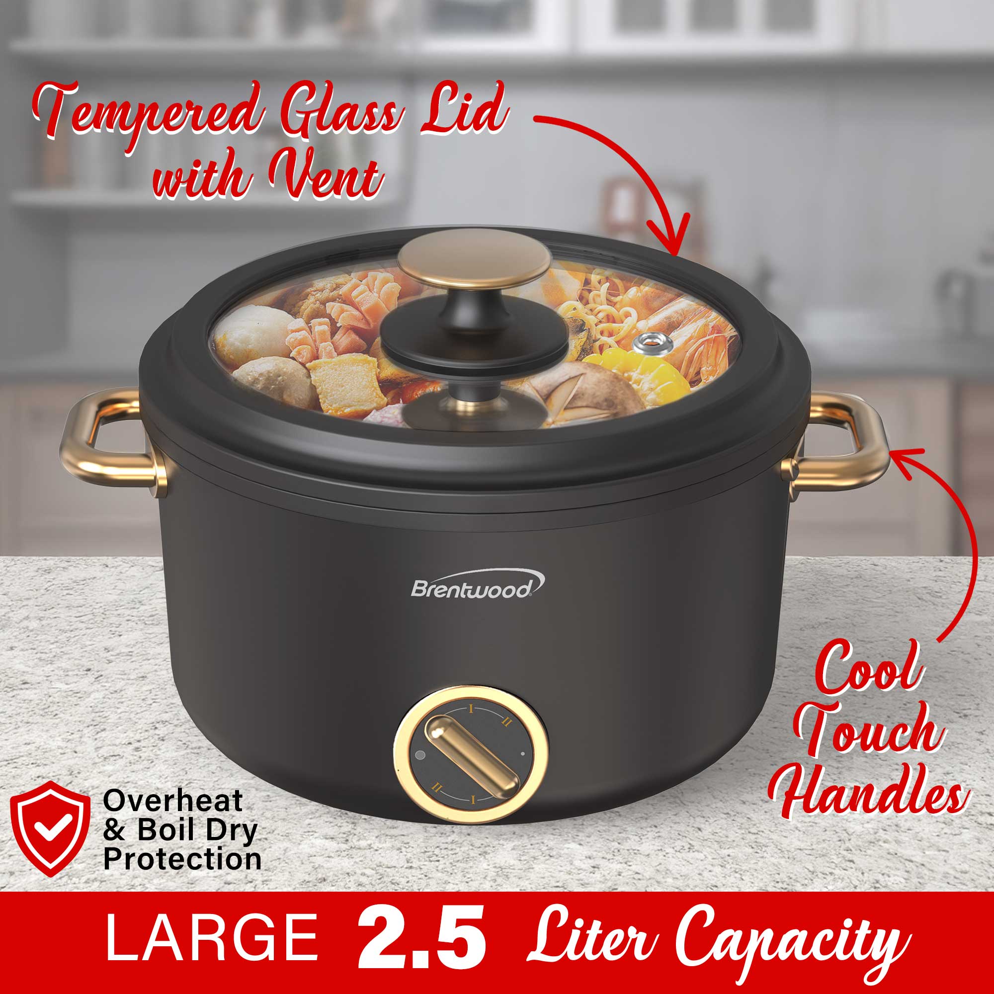 Brentwood HP-3250BK 2.5-Liter Multi-Function Electric Hot Pot Cooker with Ceramic Non-Stick Ceramic Coating, Black