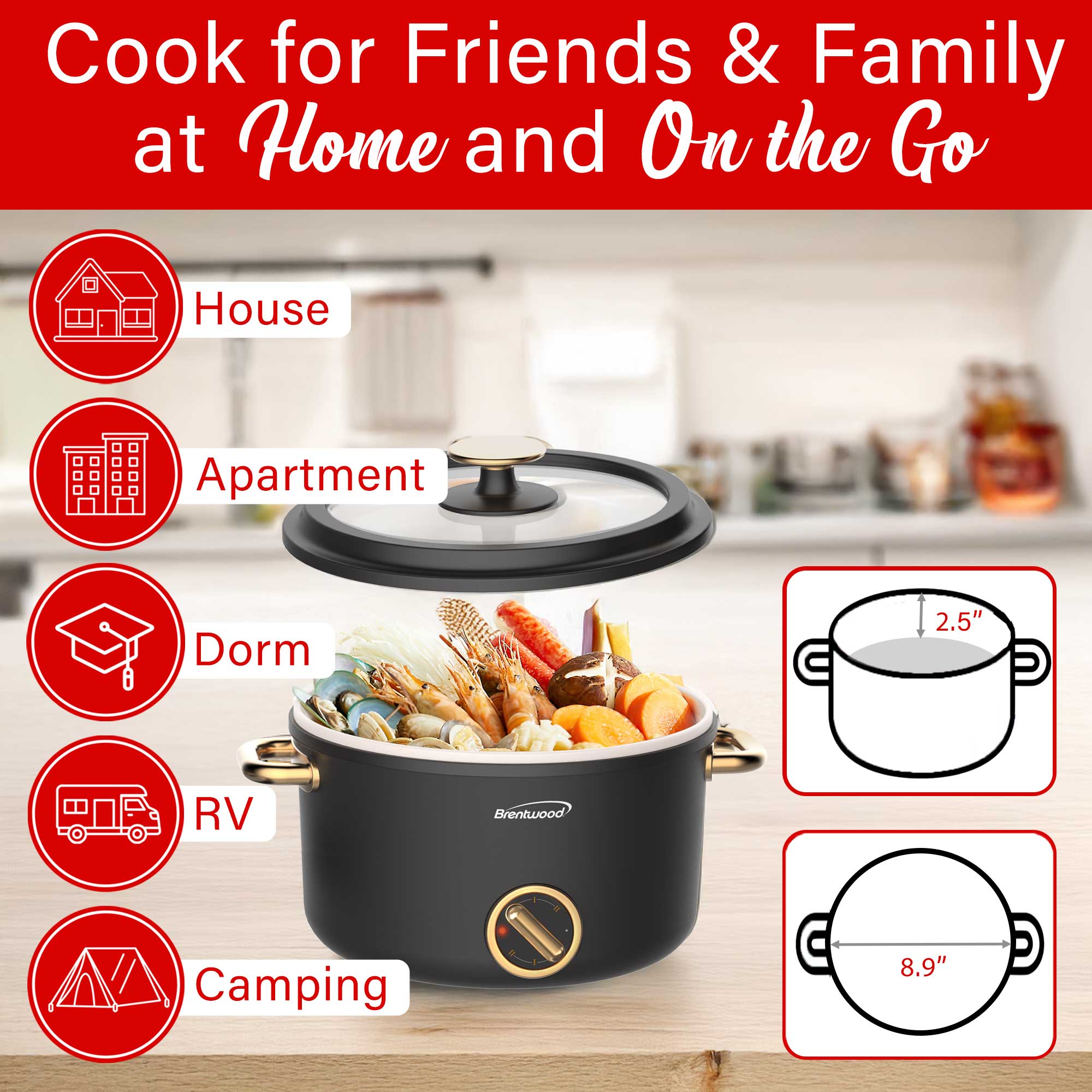 Brentwood HP-3250BK 2.5-Liter Multi-Function Electric Hot Pot Cooker with Ceramic Non-Stick Ceramic Coating, Black