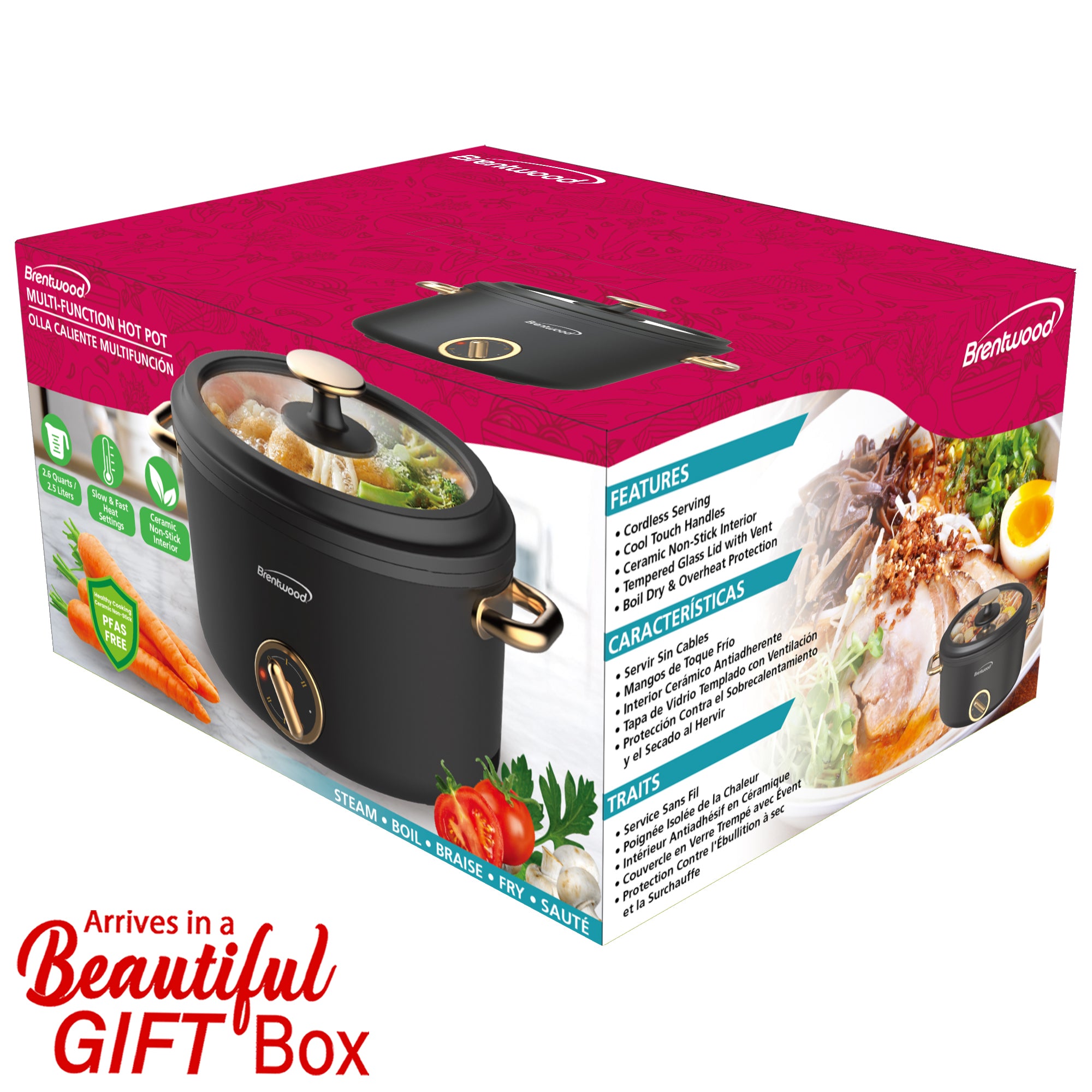 Brentwood HP-3250BK 2.5-Liter Multi-Function Electric Hot Pot Cooker with Ceramic Non-Stick Ceramic Coating, Black