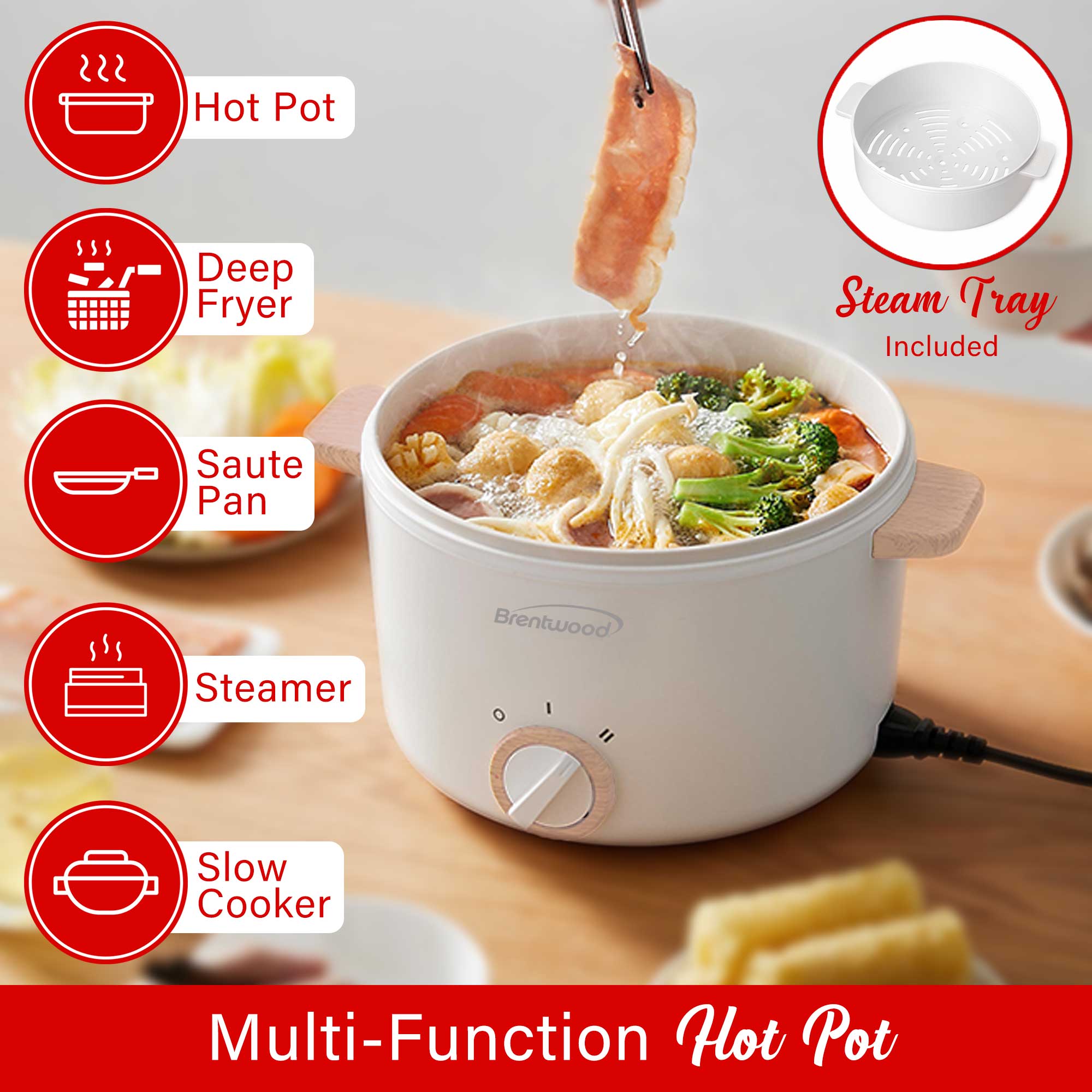Brentwood HPS-3302W 3-Liter Multi-Function Electric Hot Pot Cooker with Ceramic Non-Stick Ceramic Coating and Food Steamer, White