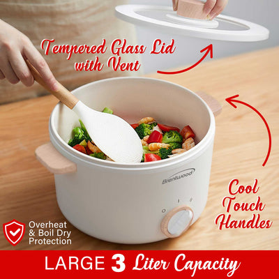 Brentwood HPS-3302W 3-Liter Multi-Function Electric Hot Pot Cooker with Ceramic Non-Stick Ceramic Coating and Food Steamer, White