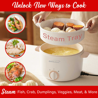 Brentwood HPS-3302W 3-Liter Multi-Function Electric Hot Pot Cooker with Ceramic Non-Stick Ceramic Coating and Food Steamer, White