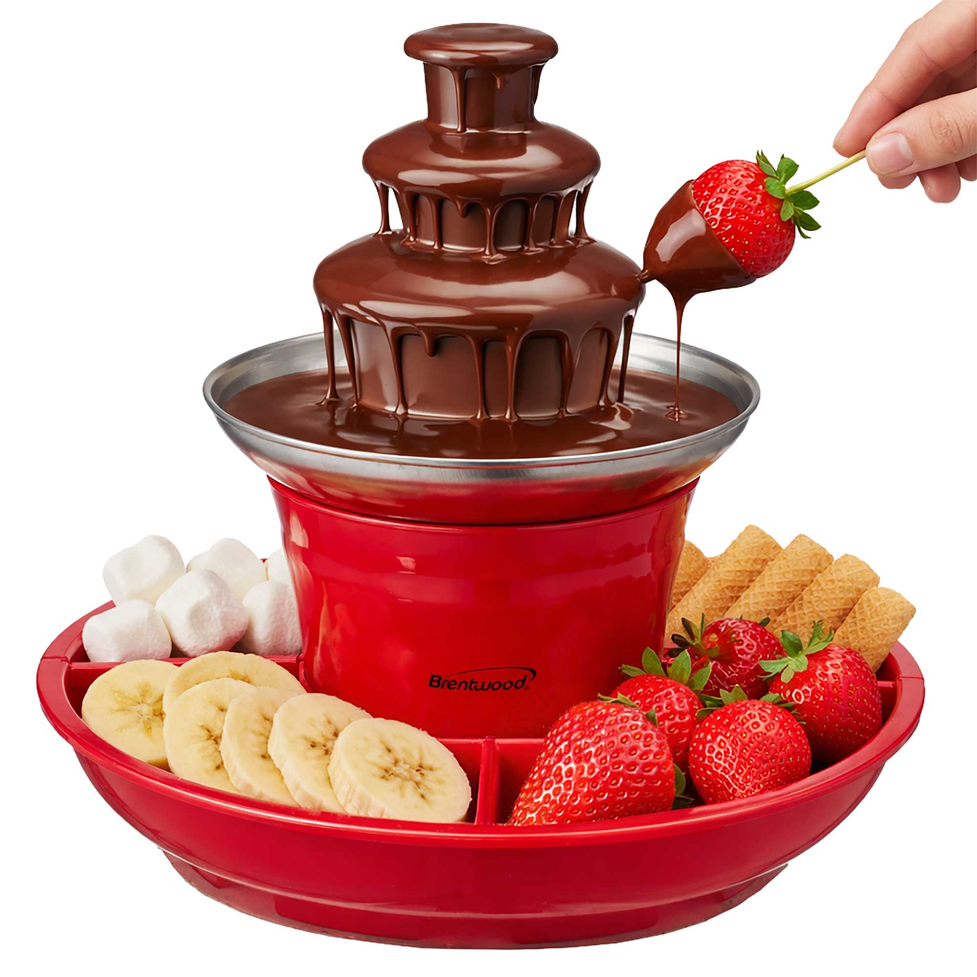 Brentwood CF-4025R 3-Tier Electric Chocolate and Cheese Fondue Fountain Machine, Red