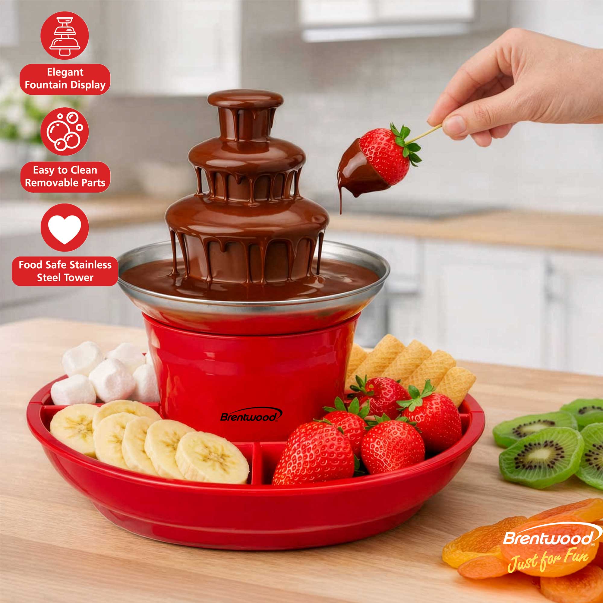 Brentwood CF-4025R 3-Tier Electric Chocolate and Cheese Fondue Fountain Machine, Red