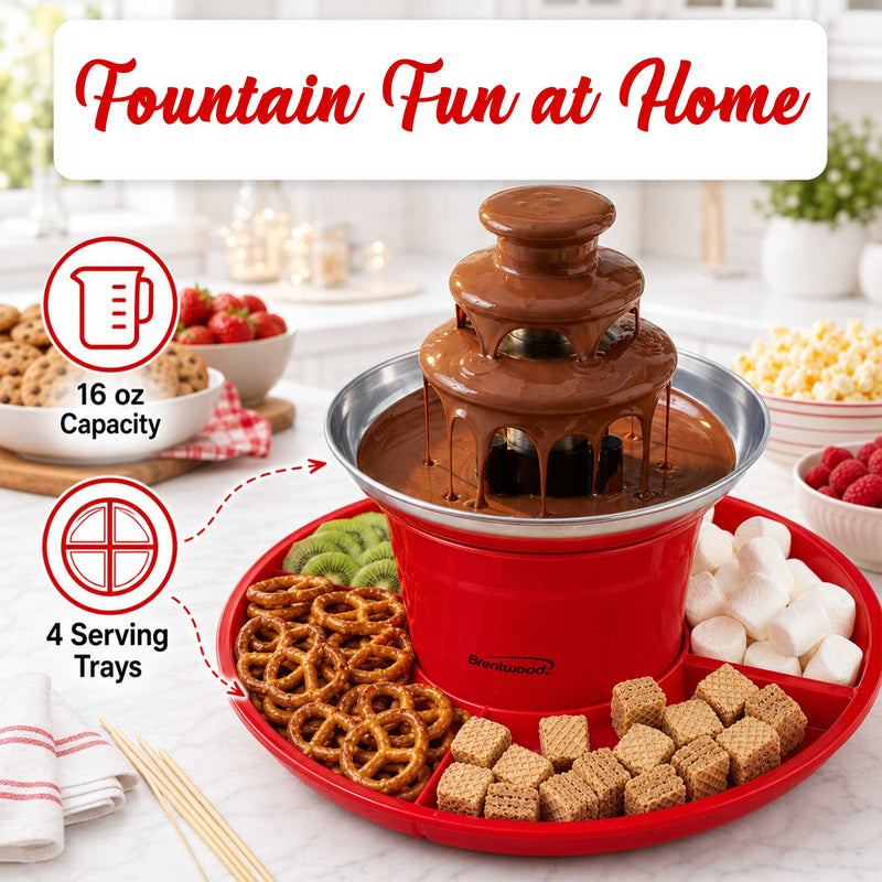 Brentwood CF-4025R 3-Tier Electric Chocolate and Cheese Fondue Fountain Machine, Red