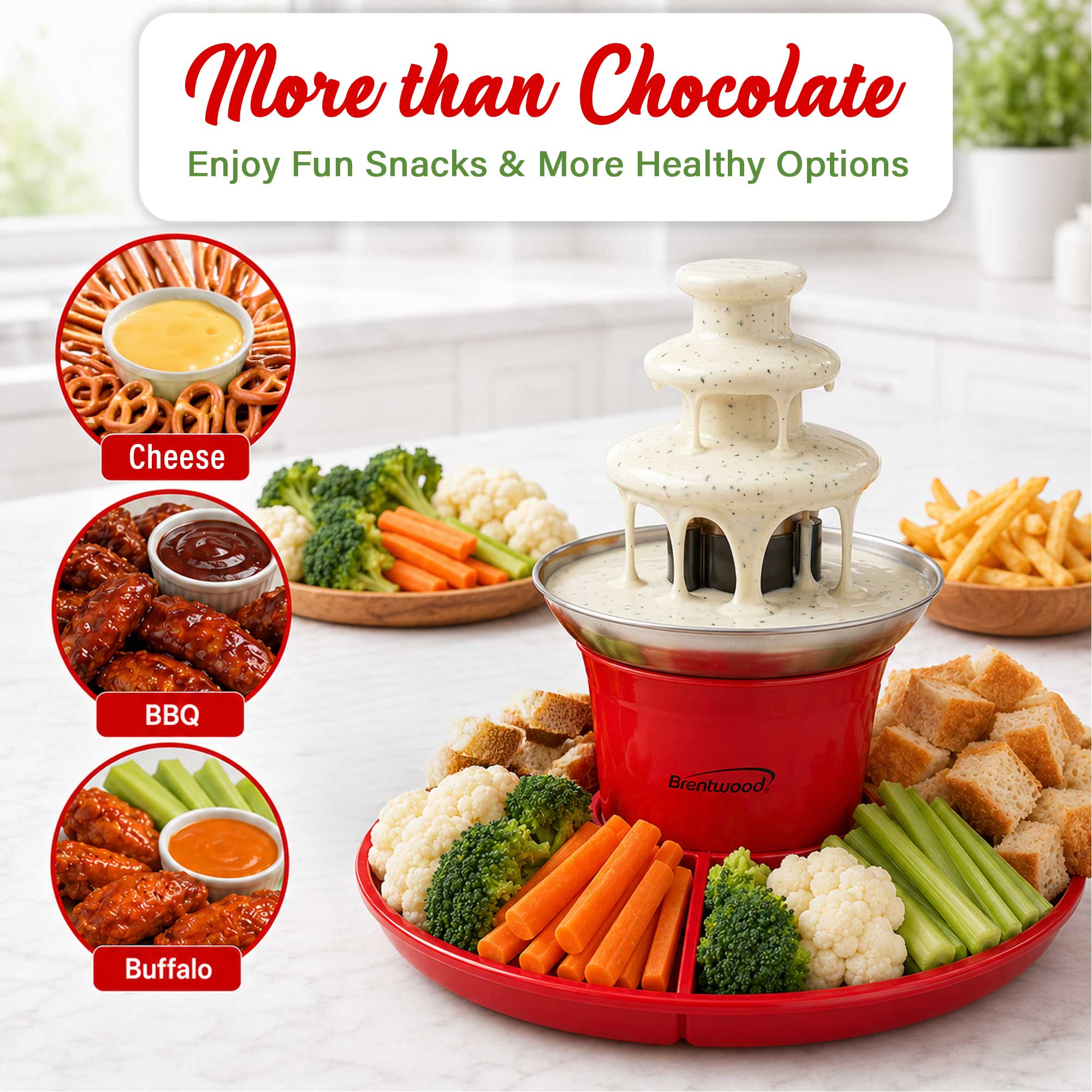 Brentwood CF-4025R 3-Tier Electric Chocolate and Cheese Fondue Fountain Machine, Red