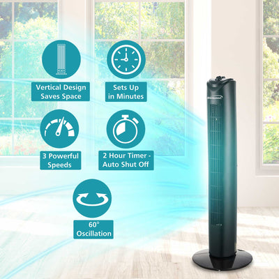 Brentwood F-32TBK 3-Speed 32-Inch Oscillating Tower Fan with 2-Hour Timer and Portable Carry Handle, Black