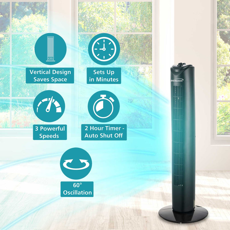 Brentwood F-32TBK 3-Speed 32-Inch Oscillating Tower Fan with 2-Hour Timer and Portable Carry Handle, Black