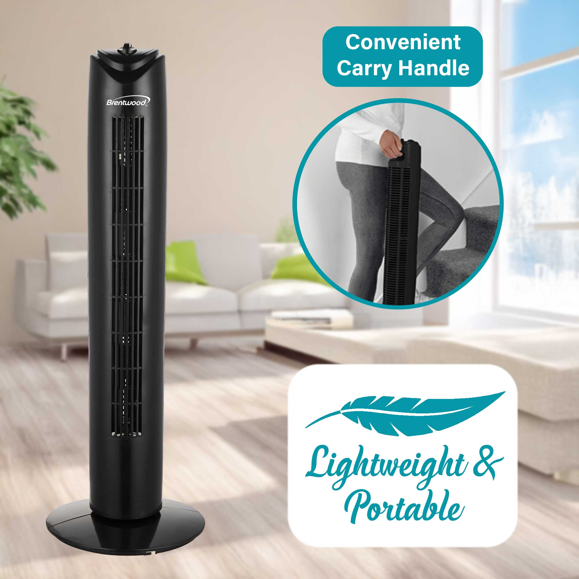 Brentwood F-32TBK 3-Speed 32-Inch Oscillating Tower Fan with 2-Hour Timer and Portable Carry Handle, Black