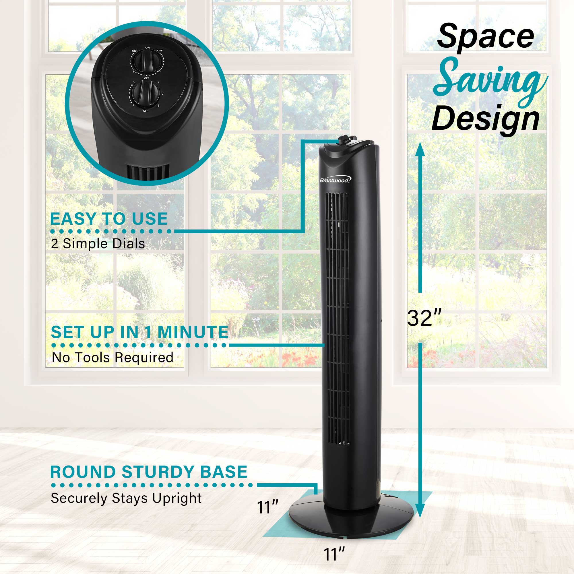 Brentwood F-32TBK 3-Speed 32-Inch Oscillating Tower Fan with 2-Hour Timer and Portable Carry Handle, Black