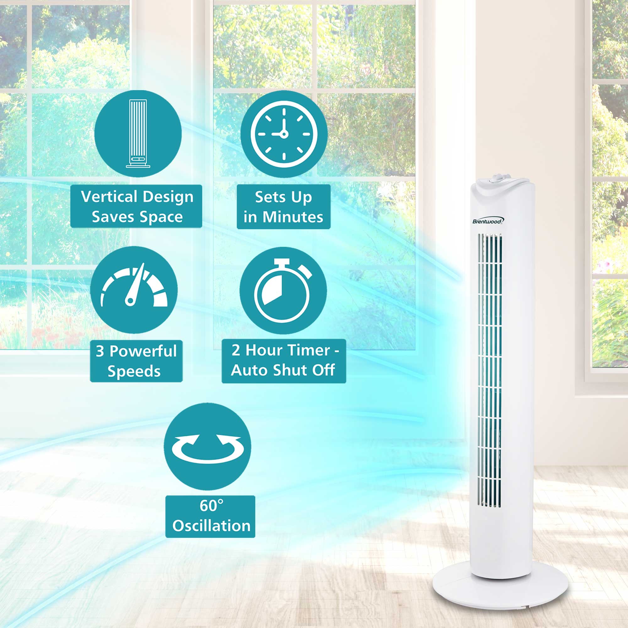 Brentwood F-32TW 32-Inch Portable Tower Fan with 3-Speeds, 16 FT/S Velocity, 60° Oscillation, 2-Hour Timer and Carry Handle, White