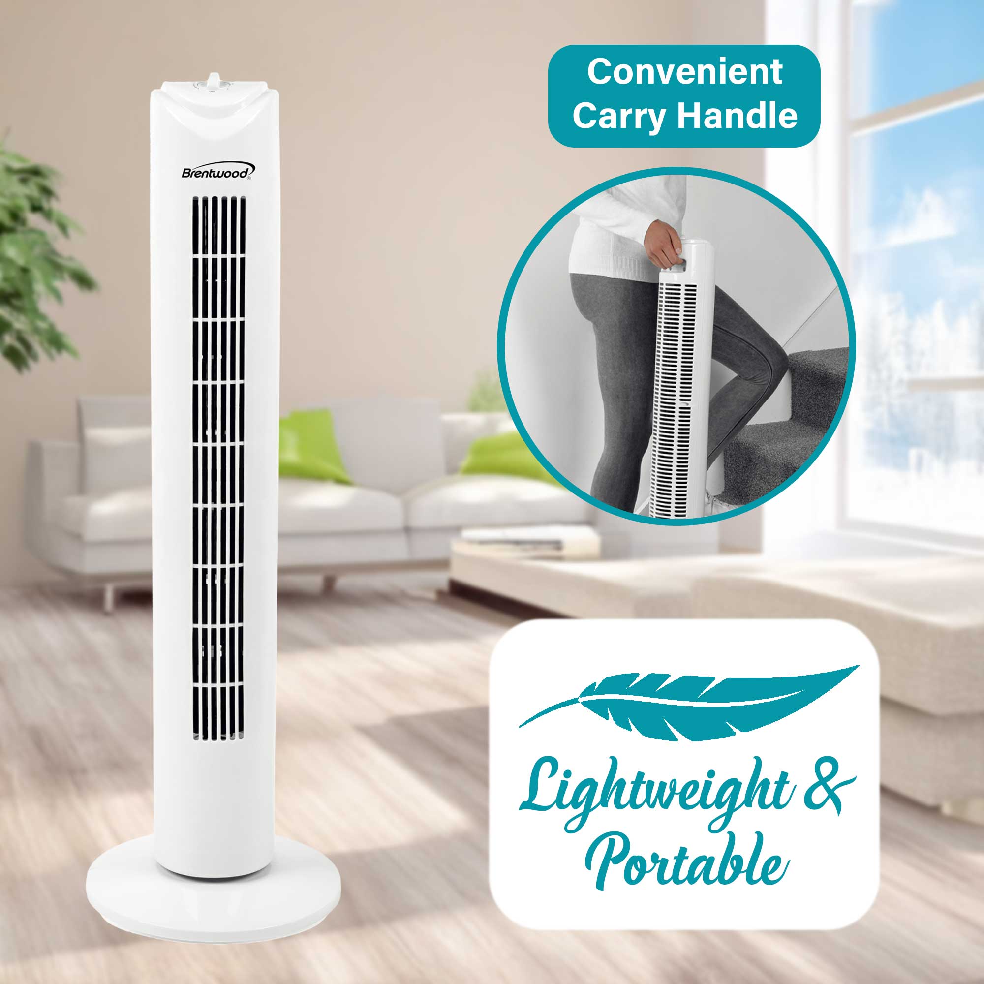 Brentwood F-32TW 32-Inch Portable Tower Fan with 3-Speeds, 16 FT/S Velocity, 60° Oscillation, 2-Hour Timer and Carry Handle, White