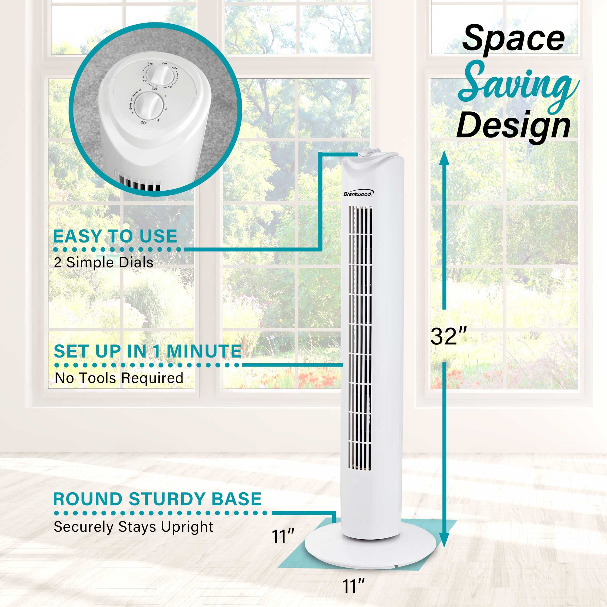 Brentwood F-32TW 32-Inch Portable Tower Fan with 3-Speeds, 16 FT/S Velocity, 60° Oscillation, 2-Hour Timer and Carry Handle, White