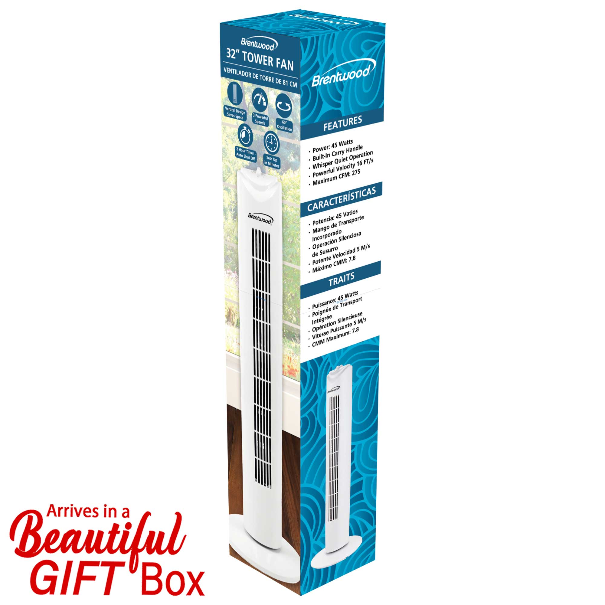 Brentwood F-32TW 32-Inch Portable Tower Fan with 3-Speeds, 16 FT/S Velocity, 60° Oscillation, 2-Hour Timer and Carry Handle, White