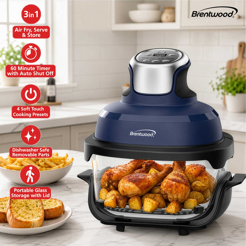 Brentwood AF-450DGBL 4.5-Quart Digital Glass Air Fryer w/Lid, Non-Toxic, Dishwasher/Microwave/Freezer Safe Glassware, 4 Cooking Presets, 60 Minute Timer & Temp. Control, Auto Shut Off, Blue