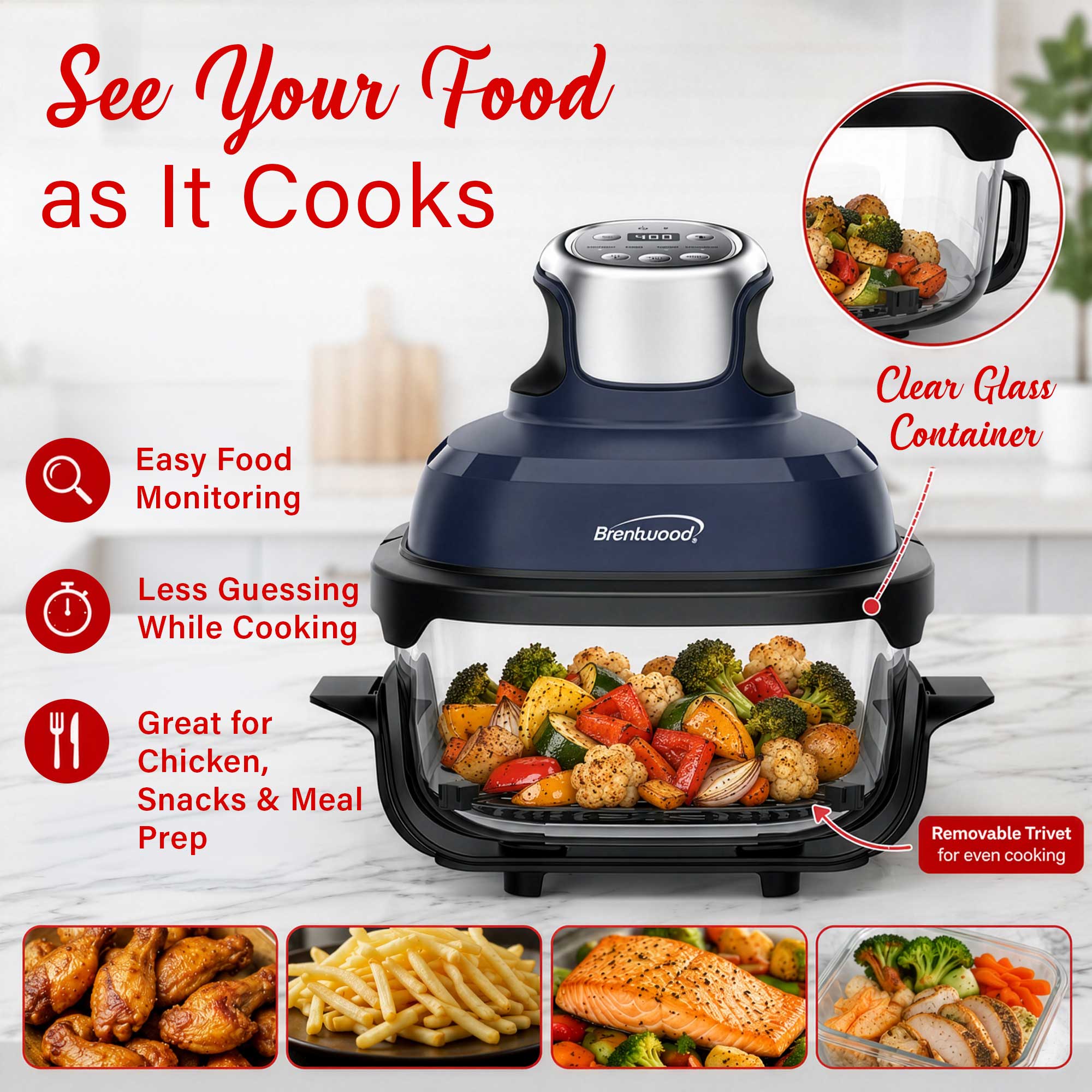Brentwood AF-450DGBL 4.5-Quart Digital Glass Air Fryer w/Lid, Non-Toxic, Dishwasher/Microwave/Freezer Safe Glassware, 4 Cooking Presets, 60 Minute Timer & Temp. Control, Auto Shut Off, Blue